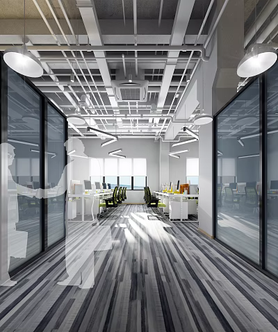 Modern Public Office Space With Glass Partitions Workstations Ergonomic Chairs Natural Light Striped Wooden Flooring 3d model