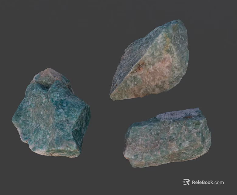 Natural Green Stone and Wood Pieces with Rough Textured Surfaces 3d model 