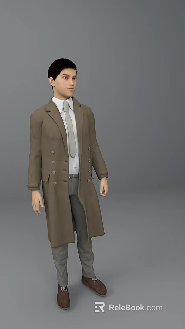Man Wearing Brown Long Coat White Shirt Gray Tie And Gray Pants 3d model 