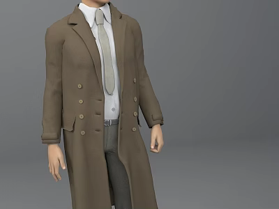 Man Wearing Brown Long Coat White Shirt Gray Tie And Gray Pants 3d model