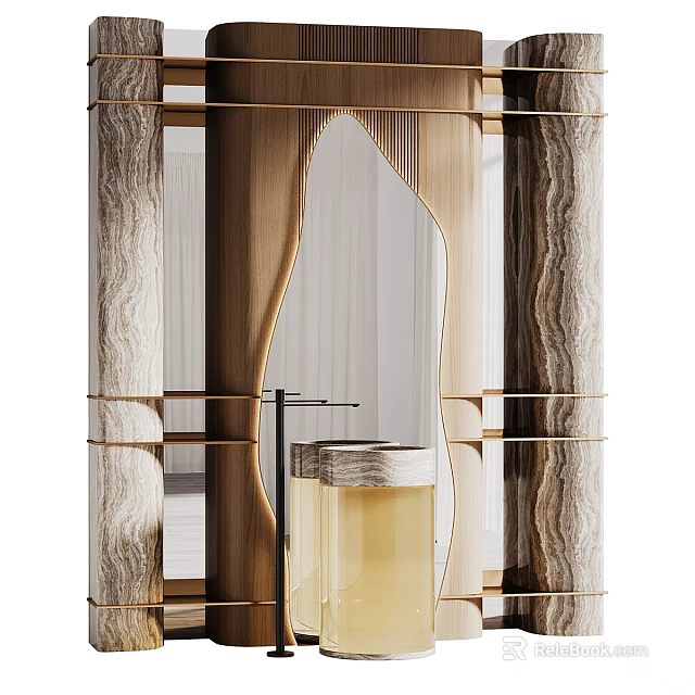 Elegant Irregular Mirror With Wooden Frame And Marble Columns In Modern Interior 3d model 