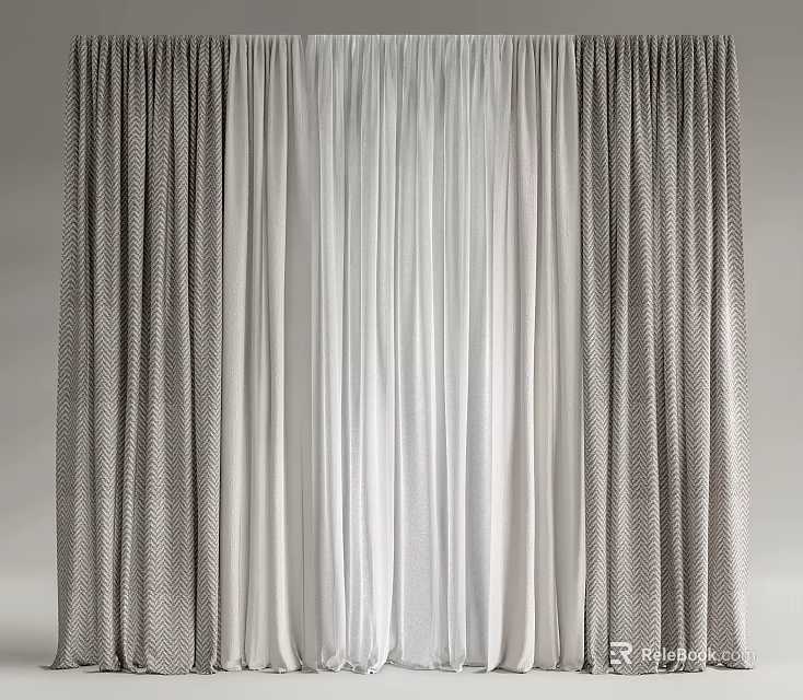 Double Layer Modern Curtains With Dark Textured Outer And White Sheer Inner Panels 3d model