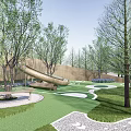 Park Landscape with Green Lawn Circular Patterns Curved Slide Trees Wooden Fence and Purple Flowers