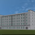 Multi Storey Industrial Factory Building Featuring Large Windows Gray Exterior Blue Sky Green Grass Background