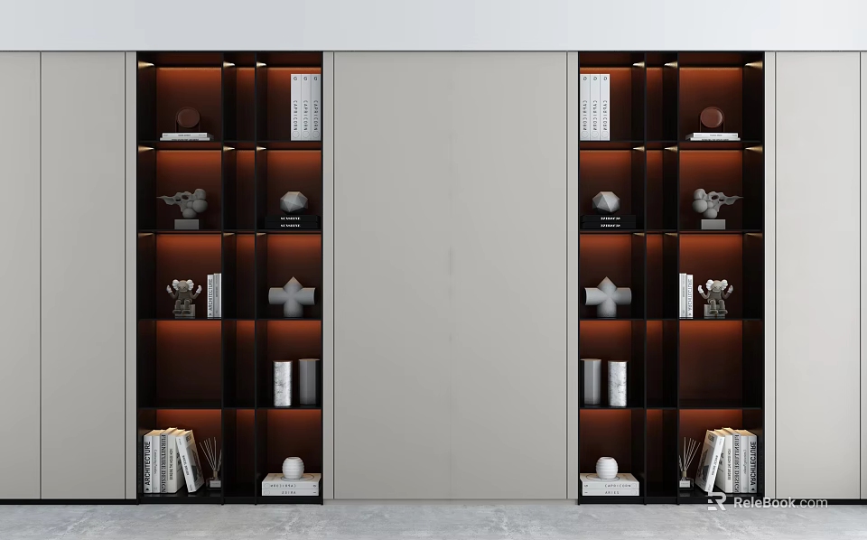 Modern Bookcase Interior Design With Open Shelves Decorative Items And Books 3d model