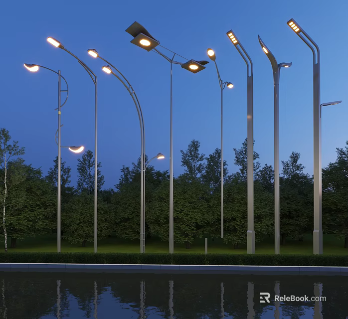 Outdoor Street Lights Illuminated At Night With Trees Grass And Reflections On Ground 3d model 