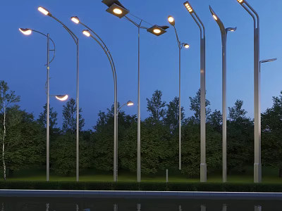 Outdoor Street Lights Illuminated At Night With Trees Grass And Reflections On Ground 3d model