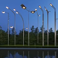Outdoor Street Lights Illuminated At Night With Trees Grass And Reflections On Ground