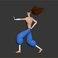 3D Character With Spiky Brown White Hair Shirtless Blue Baggy Pants Standing On Dark Background
