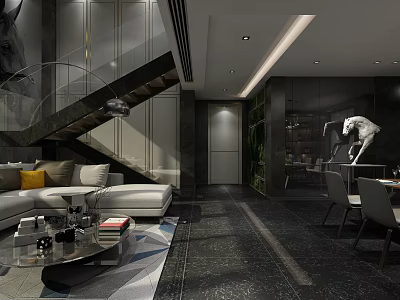 Elegant Modern Living Room Interior With Open Layout Sofa Coffee Table Green Plants And Sculpture 3d model