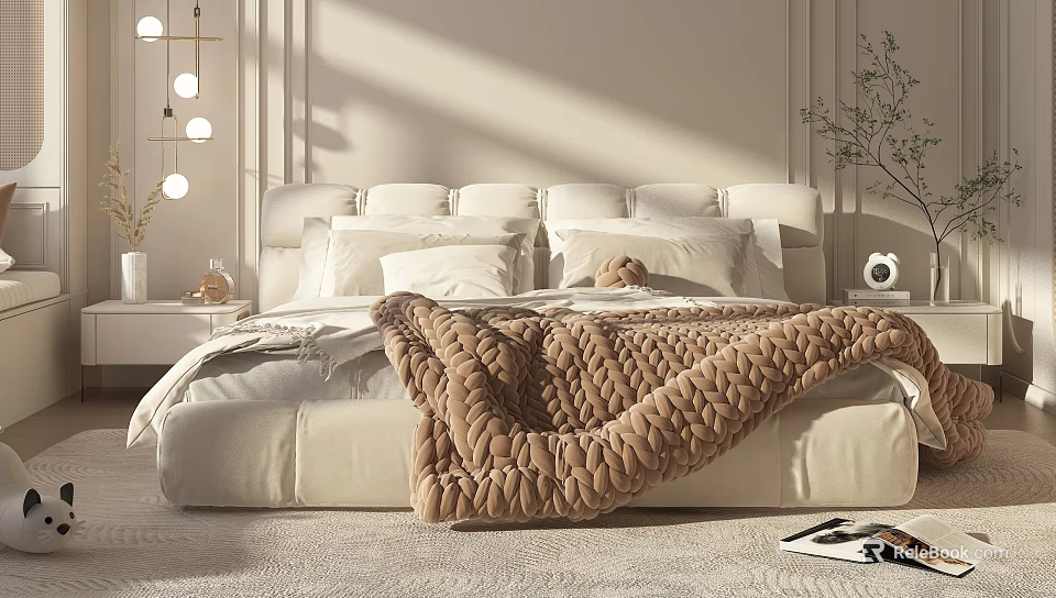 Modern Cozy Double Bed With Soft Headboard Pillows Knit Blanket Nightstand Lamp And Natural Light 3d model 