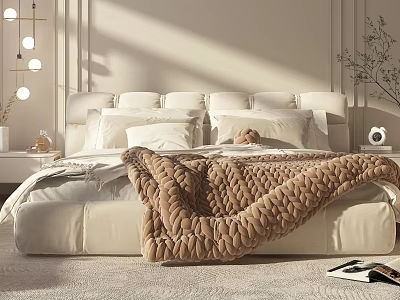 Modern Cozy Double Bed With Soft Headboard Pillows Knit Blanket Nightstand Lamp And Natural Light 3d model