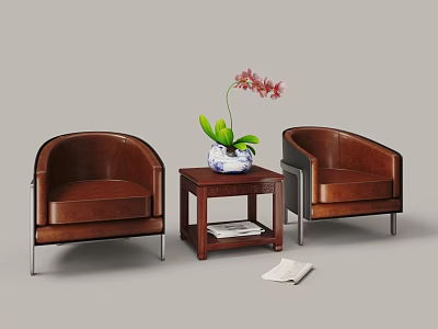 Brown Leather Armchairs And Wooden Coffee Table With Blue White Vase Pink Orchid And Magazines 3d model