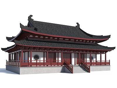Traditional Chinese Ancient Building With Black Tiled Roof And Red Wooden Columns 3d model
