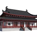 Traditional Chinese Ancient Building With Black Tiled Roof And Red Wooden Columns