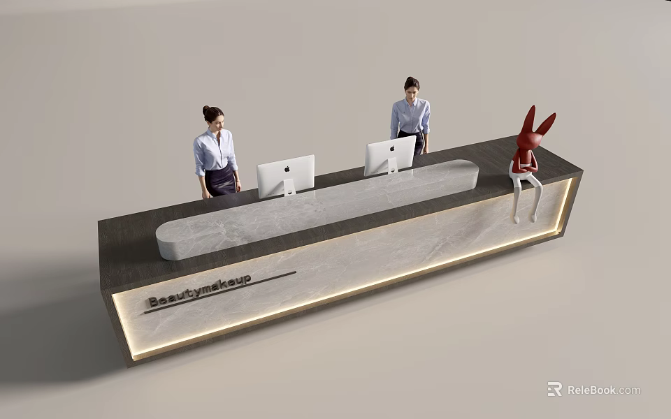 Beauty Paradise Reception Desk with Staff Two Computers Red Rabbit Decoration Marble Countertop and Lighting 3d model 