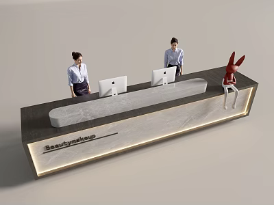 Beauty Paradise Reception Desk with Staff Two Computers Red Rabbit Decoration Marble Countertop and Lighting 3d model