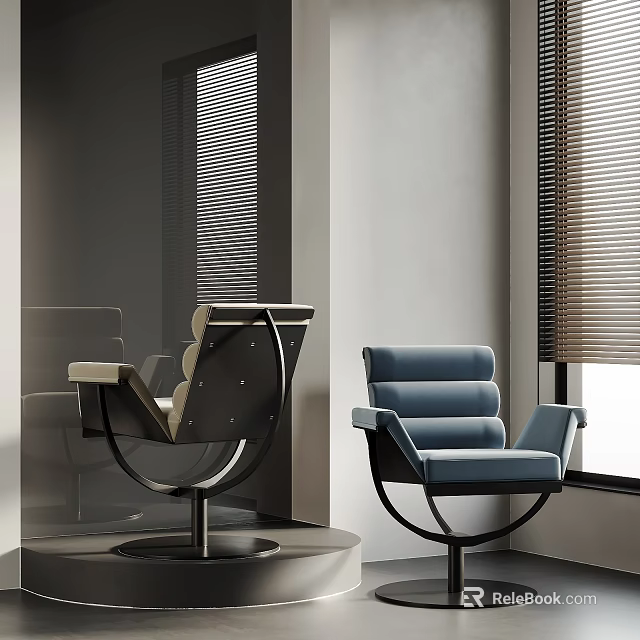 Modern Blue And Beige Black Armchairs In Interior With Window Blinds 3d model 