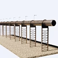 Long Industrial Metal Pipeline Structure With Support Frames And Ladders