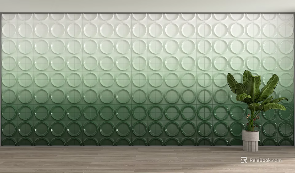 Green Gradient Circular Pattern Tile Partition With Wooden Floor And Green Plant 3d model 