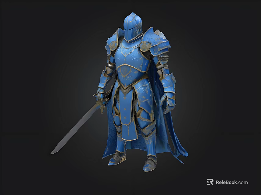 Medieval Knight in Blue Armor with Sword and Cloak Detailed 3D Rendering 3d model 