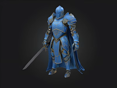 Medieval Knight in Blue Armor with Sword and Cloak Detailed 3D Rendering 3d model