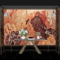 Console Table with Red Orange Floral Mural White Flower Arrangement Lamp and Wall Lamps