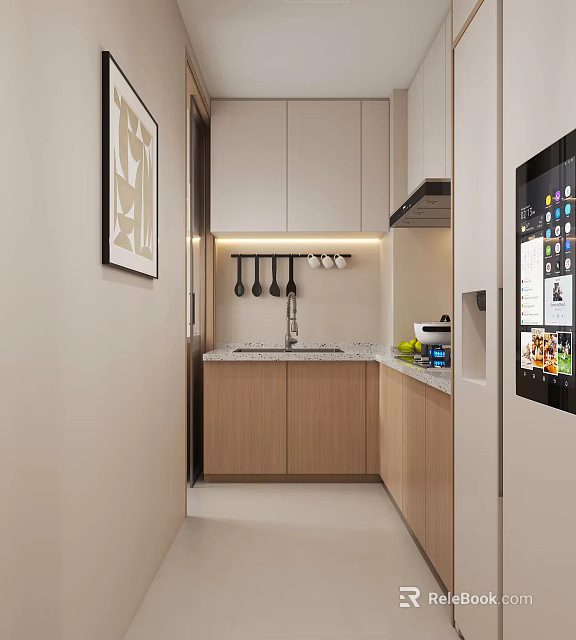 Modern Kitchen Interior Design With Light Wood Cabinets Countertop Appliances And Hanging Utensils 3d model 
