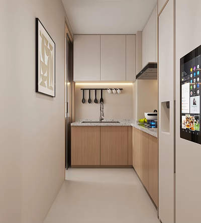 Modern Kitchen Interior Design With Light Wood Cabinets Countertop Appliances And Hanging Utensils 3d model