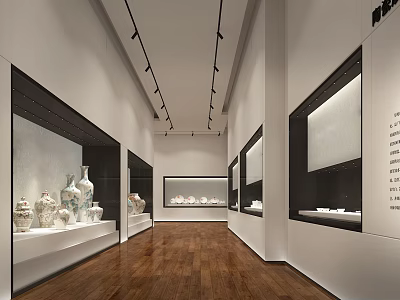 Ceramic Exhibition Hall Interior Design With Display Cases Wooden Floor And Track Lighting 3d model