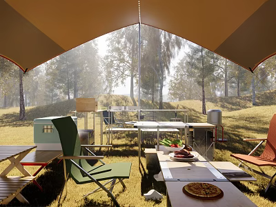 Sunlit Outdoor Camping Setup With Tent Tables Chairs Food And Trees On Grassland 3d model