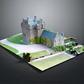 Historic Castle Architecture With Stone Towers Green Lawn Path And Garden Design