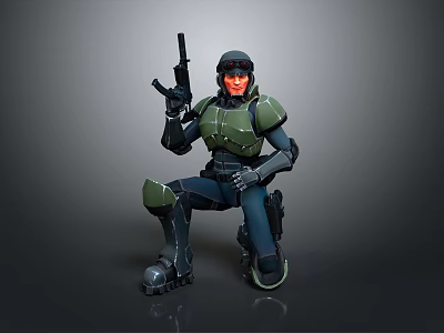 Armored Warrior In Green And Black Armor Holding Gun In Kneeling Pose With Gray Background 3d model