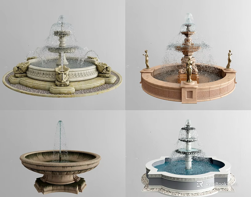 Various Outdoor Garden Fountains With Decorative Tiered Structures And Sculptural Details 3d model 