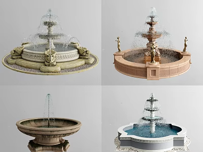 Various Outdoor Garden Fountains With Decorative Tiered Structures And Sculptural Details 3d model