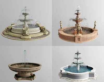 Various Outdoor Garden Fountains With Decorative Tiered Structures And Sculptural Details 3d model