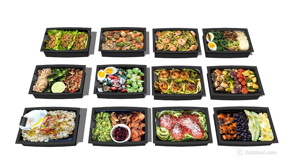 Various Healthy Meal Prep Containers With Fresh Vegetables Meat Eggs And Salad 3d model 