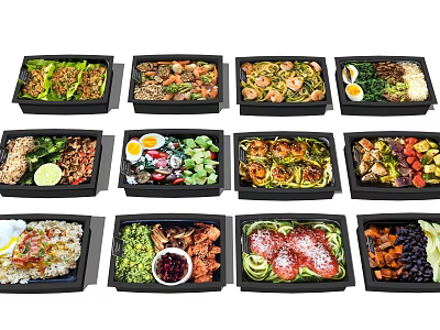 Various Healthy Meal Prep Containers With Fresh Vegetables Meat Eggs And Salad 3d model