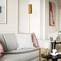 Modern Living Dining Room Interior With Grey Sofa Pink Cushions And Floor Lamp