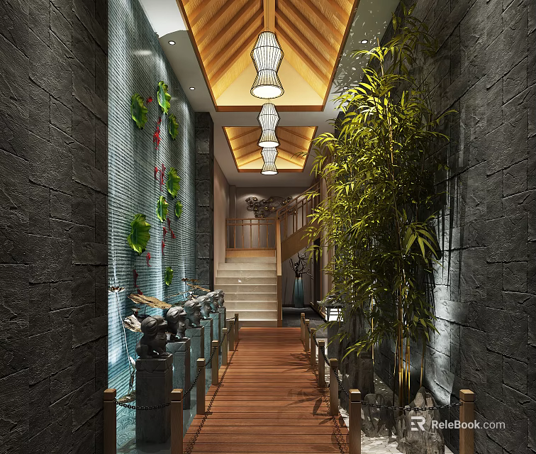 Chinese Style Elevator Hallway with Stone Walls Bamboo Water Features Chandeliers and Wooden Flooring 3d model 