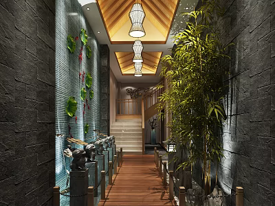 Chinese Style Elevator Hallway with Stone Walls Bamboo Water Features Chandeliers and Wooden Flooring 3d model