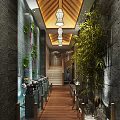 Chinese Style Elevator Hallway with Stone Walls Bamboo Water Features Chandeliers and Wooden Flooring