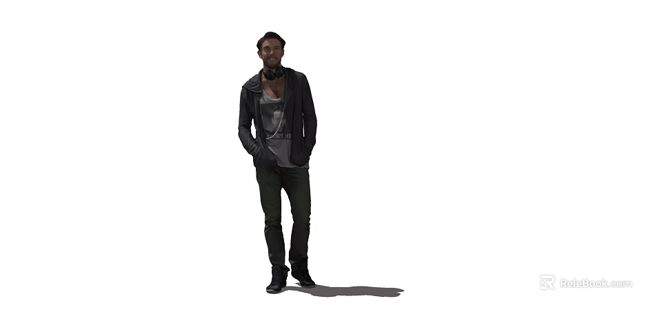 Man In Black Hoodie With Headphones Standing With Hands In Pockets Against White Background 3d model 