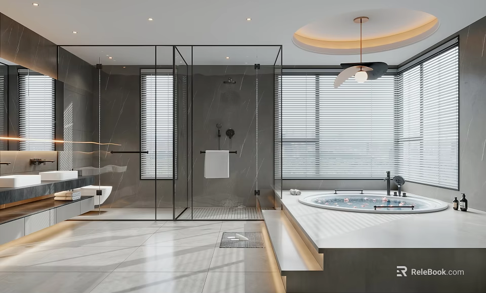 Luxury Modern Bathroom Interior With Glass Shower Enclosure Freestanding Bathtub And Large Windows 3d model 