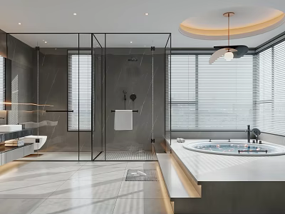 Luxury Modern Bathroom Interior With Glass Shower Enclosure Freestanding Bathtub And Large Windows 3d model