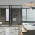 Luxury Modern Bathroom Interior With Glass Shower Enclosure Freestanding Bathtub And Large Windows