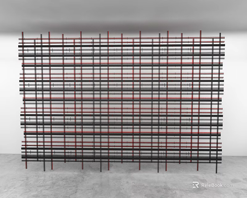 Abstract Grid Structure With Black And Red Lines On White Background Gray Floor 3d model 