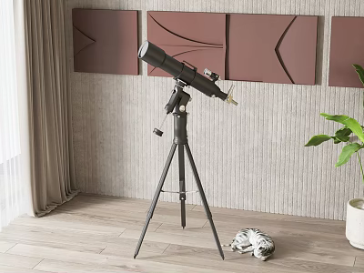 Professional Commercial Telescope Equipment with Tripod Stand in Room with Wooden Floor and Brown Panels 3d model