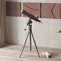 Professional Commercial Telescope Equipment with Tripod Stand in Room with Wooden Floor and Brown Panels
