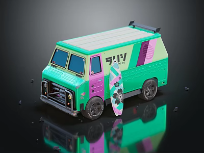 Colorful Mario Themed Van Model With Surfboard And Vibrant Design 3d model